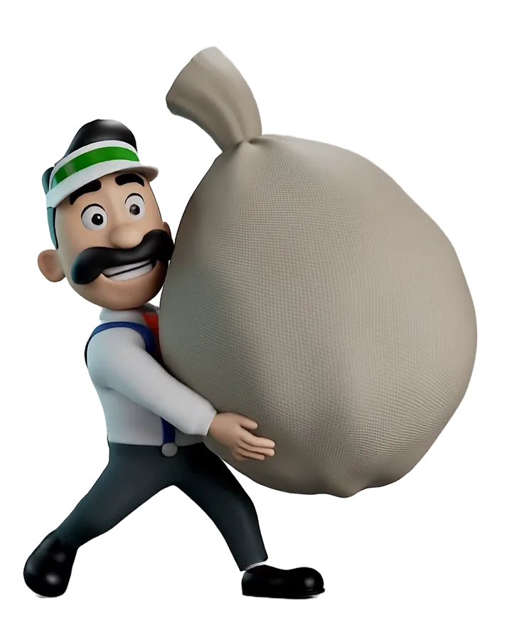 Billy caminando con un saco de dinero