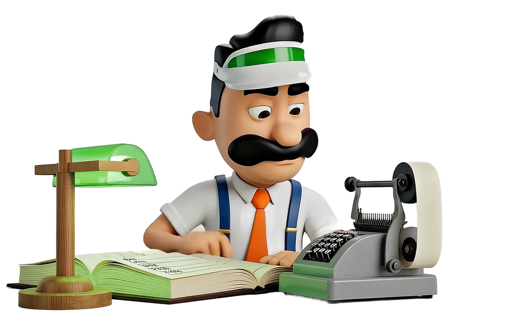 Billy trabajando en su escritorio con el libro y la sumadora