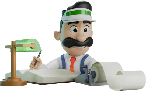 Billy trabajando en su escritorio con lámpara y sumadora